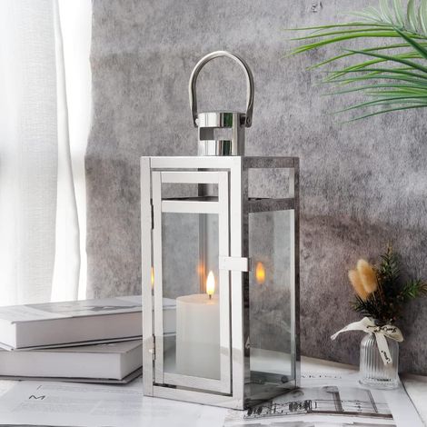 Lanterne Décorative en Acier Inoxydable 30 cm Haut, Porte-Bougie Métallique Suspendu avec Verre Clair, pour Décor Maison, Salon, Soirées, Tablette, Intérieur/Extérieur (Argent) (1/5)