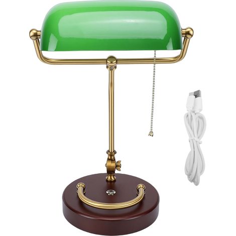 Lampe de bureau vintage rotative 350° abat-jour en verre vert émeraude base en chêne interrupteur à chaîne style rétro (1/5)