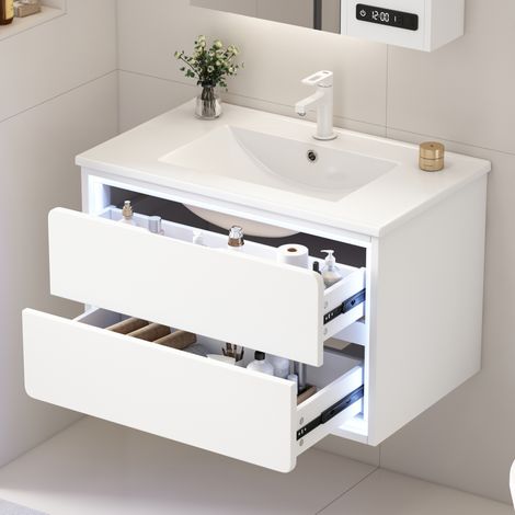 Waschbeckenunterschrank hängend modern 76 x 46 x 48,5 cm MDF weiß lackiert mit Keramikwaschbecken und 2 Schubladen (1/5)