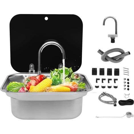 HAUTOUR Kit d'Évier de Camping, Kit de Lavabo de Caravane, Evier Camping Car, Couvercle en Verre Trempé, Robinet 360°, Lavabo Cuisine pour Camping-Car, Caravane, Bateau (1/5)