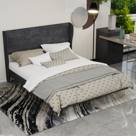 Lit double 160x200 cm tête rembourrée, tissu et métal design bas gris (Sans matelas) (1/5)