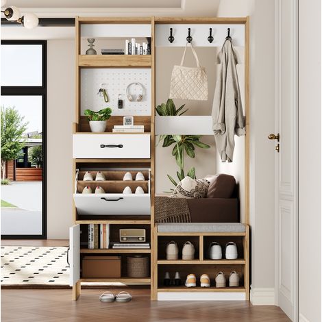 Flurgarderobe 108.5x35x180 cm Weiß/Eichefarben aus Spanplatte mit Sitzbank, Schuhkipper und Stauraum (1/5)