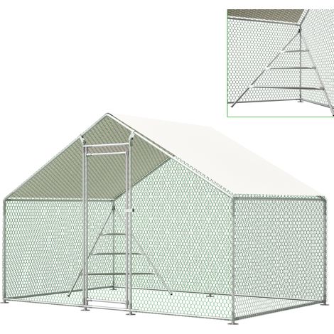 Pollaio metallico 3 x 2 m con tetto e scaletta, bianco (1/5)