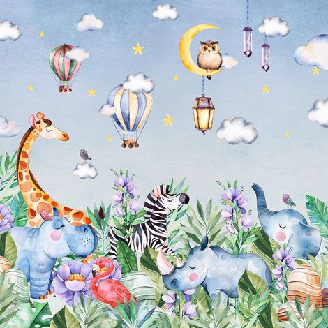 Papier peint panoramique Enfants - Animaux de la Jungle - 130 cm x 130 cm (1/2)