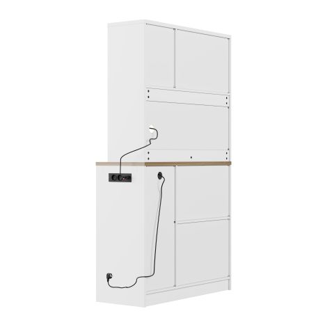 Meuble de garde-manger, placard de cuisine avec éclairage LED et prise électrique, meuble de rangement haut avec porte-verres à vin, casier à bouteilles et vaste espace de stockage — Meuble de cuisine