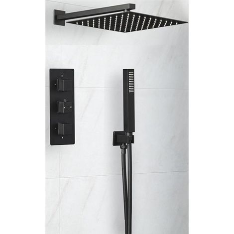Milano Preto 2 Outlet Triple Thermostatic Mixer Shower Valve with 300mm Wall Mounted Square Rainfall Shower Head and Hand Shower Handset Kit