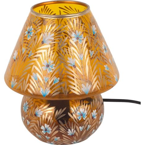Lámpara de mesa de cristal ámbar con flores azules 23 cm (1/5)