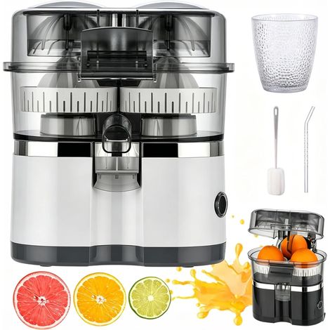 Dual-Head Automatic Citrus Juicer, 100W Citrus Juicer Electric, Built-In Cutter, Juice Press with 18000 RPM Motor for Oranges, Lemons, and Limes, Easy to Clean & Use (B)