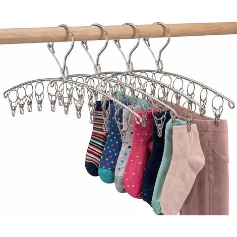 4 Piece Sock Dryers - Stainless Steel Sock Hanger - Windproof Sock Airer - Clothes Drying Rack with 40 Clips for Towels (1/5)