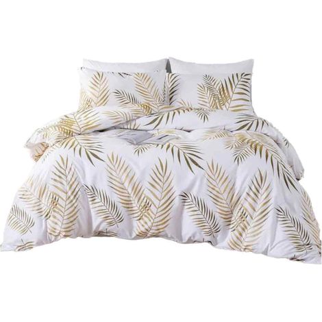 Duvet cover set 220 x 240 cm for 2 people and 2 x pillowcases 50 x 75 cm, bedding set made of 100% microfiber, golden tropical leaves, botanical pattern with zipper, white gold (1/5)