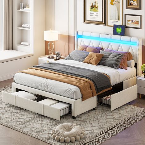 Lit double avec tiroirs 160x200 cm, LED, Ports USB/Type-C, tête de lit capitonné, avec 4 tiroirs, sommier à lattes, Tissu Lin Beige (1/5)