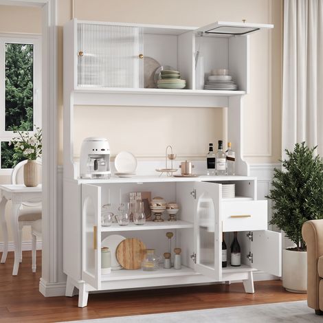 Buffet haut salle à manger 120x40x178 cm, meuble de rangement multi-étagères, étagères spacieuses, prise intégrée, ports USB-C et USB-A, finition blanche. (1/5)