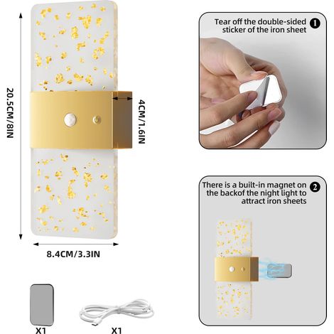 Luminaire mural LED rechargeable avec détecteur de mouvement, design moderne rectangulaire doré pour intérieur