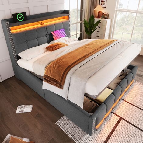 Letto matrimoniale contenitore in lino grigio 160x200 OKMYHOME (1/5)