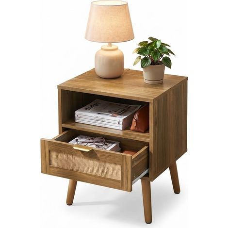 ELVMI Comodino con 1 Cassetto e 1 Ripiano Aperto, Frontale in Rattan, per Camera da Letto, MDF, 45 x 40 x 55 cm, Noce (1/5)
