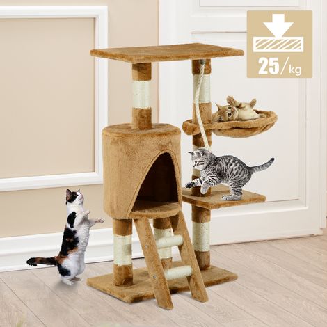 PawHut Katzenkratzbaum 55x30x95 cm mit Nest, Plattform, Häuschen, Leiter, Seilspiel, Holzbrett und Plüschbezug, Braun