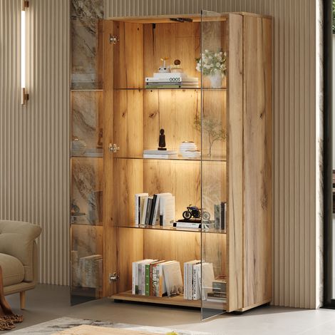 DESMIU Vitrine 2 portes en verre avec 4 étagères et LED réglable pour salon et bureau, nature, 80 × 36 × 150.5 cm (1/4)