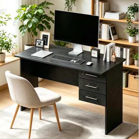 Bureau informatique 120x59x75 cm noir en bois avec 3 tiroirs verrouillables (1/5)
