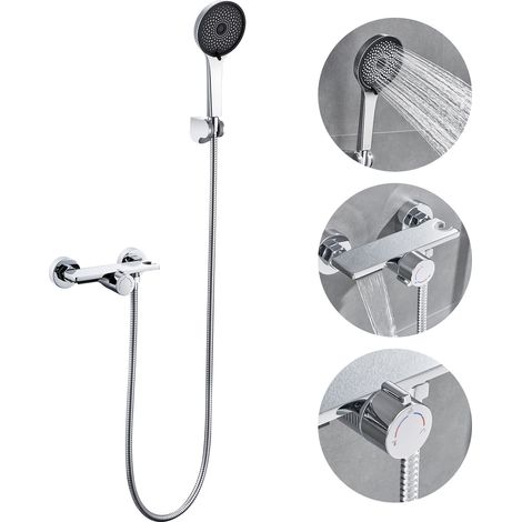 Auralum Max Grifo para Bañera en Cascada, Mezclador de Bañera de Pared con Ducha de Mano de 5 Modos, Grifo Mezclador de Baño de Latón, Cromo (1/5)