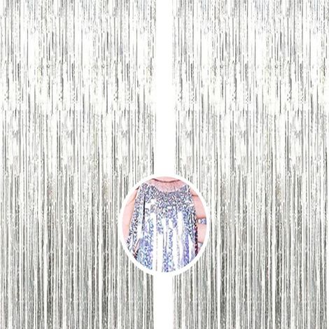 Lot de 2 rideaux frangés argentés (1M x 2M), décorations festives et photo, parfait pour une ambiance chic lors d’événements