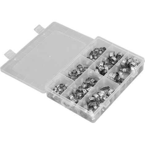Coffret de 130 colliers de serrage à une oreille en acier inoxydable 304, comprenant des colliers de serrage pour tuyaux et des embouts. (1/5)
