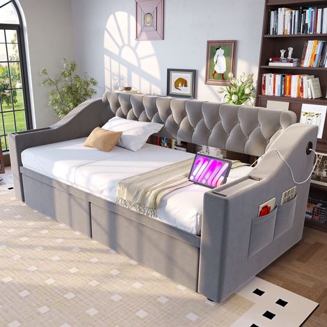 Canapé convertible rembourré 90x190 cm, gris clair, accoudoirs épais avec ports USB, rangement dans les accoudoirs, poches latérales, tiroir de stockage, velours (1/4)
