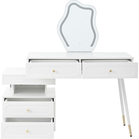 Coiffeuse blanche avec miroir LED et 4 tiroirs spacieux - 140x40x130 cm, sans tabouret (1/5)