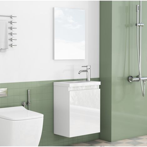 Mueble de lavabo suspendido 39,8x24,8x48 cm MDF blanco brillo con espejo – MEUBLIV (1/5)