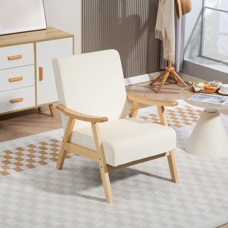 Sillón tapizado, relleno de espuma, estructura de madera de caucho, color blanco crema.