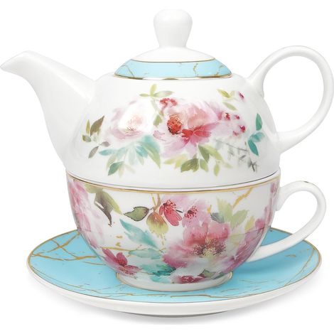 Rose Fleuri Service de Thé pour une Personne, Tasse de thé et Soucoupe Set avec bord doré, Porcelaine Café et Tasse Set pour cadeau, Bleu (1/5)