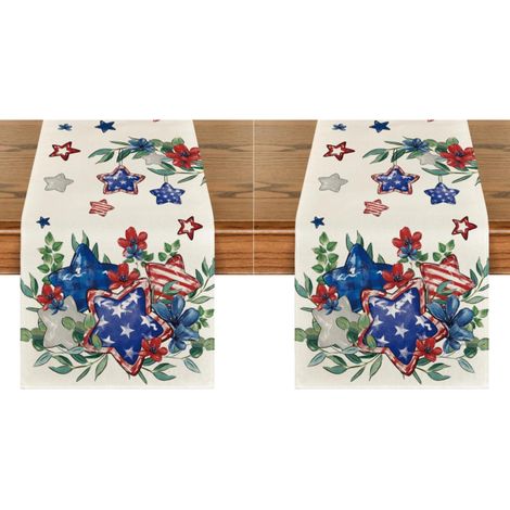 Camino de mesa patriótico con motivos de eucalipto, estrellas y flores, ideal para las fiestas nacionales estadounidenses (33 x 183 cm) (2 piezas) (1/5)