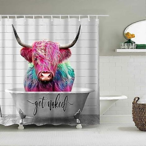 Rideau de douche pour baignoire, anti-moisissure, imperméable et lavable, en tissu avec crochets, motif animaux vache. (1/5)