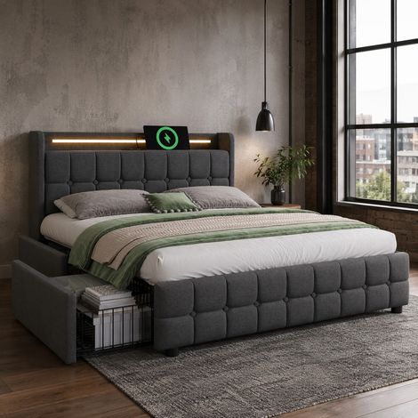 lit adulte 140 x 200 cm gris avec USB, prises, LED et 4 tiroirs de rangement – couchage (1/5)