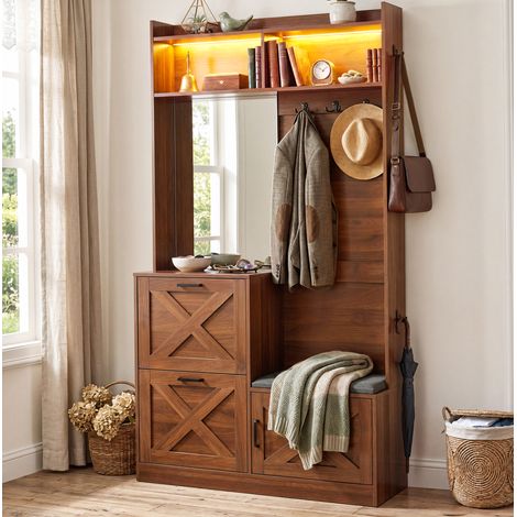 Recibidor (100x25x180 cm), con LED regulable, espejo de cuerpo entero, zapatero abatible doble, MDF y aglomerado, nogal (1/5)