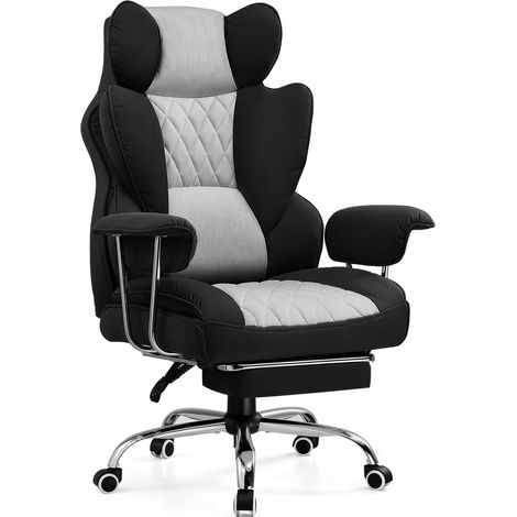 Chaise Gaming, Ergonomique Fauteuil de Bureau avec Support Lombaire à Ressorts ensachés, Siège Large avec Accoudoirs Souple et Repose-Pieds, Réglable en Hauteur, Tissu Noir-Gris