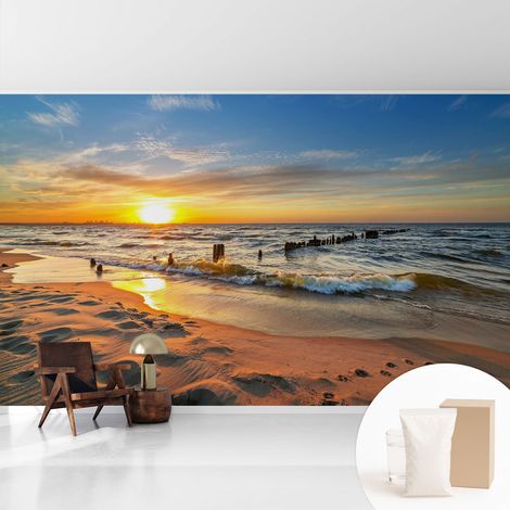 Papier peint intissé décoratif avec motifs pour salon et chambre a motif - Colle incluse gratuite Coucher de soleil sur la plage 416x254 cm (1/5)