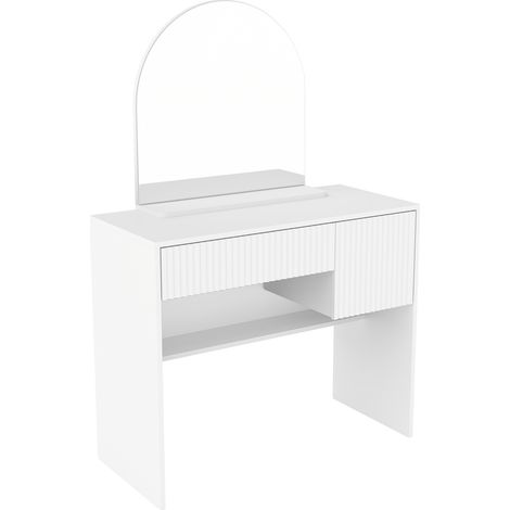 Tocador blanco con espejo arqueado, 2 cajones y estantes abiertos, MDF (1/5)