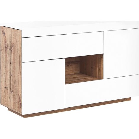 Cassettiera MDF impiallacciatura bianca legno chiaro 2 in 1 scrivania Goran