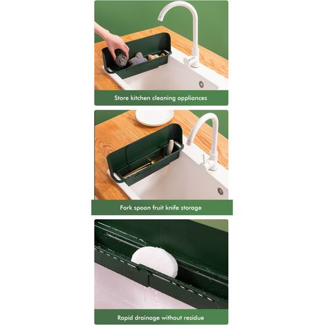 Support Évier Télescopique - Panier Égouttoir Ajustable - Rangement Couteaux Cuisine - Protection Anti-Éclaboussures - 1 Pièce (1/5)
