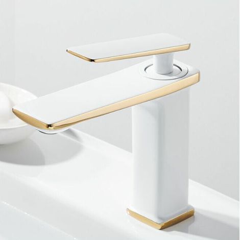 Grifo para lavabo de baño YMYNY de cobre con agua caliente y fría - Blanco y dorado (1/5)