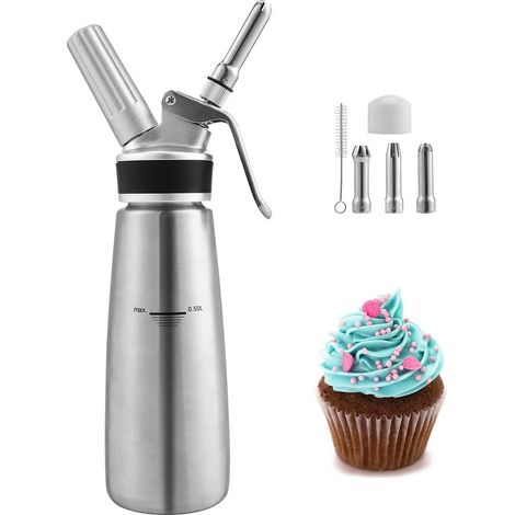 Siphon à crème Chantilly en Acier Inoxydable, Professionnel Siphon 500ml avec 3 Douilles en Acier Inoxydable pour Mousses et Crèmes(Cartouches N2O Non Inclus) (1/5)