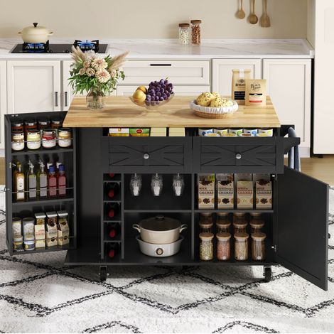 Isola cucina 120/45(70)/89 cm nera con piano ribaltabile, 1 anta, 2 cassetti e ruote bloccabili (1/5)