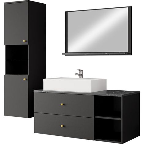 Conjunto de mueble de baño Salus II, Negro + Mármol negro