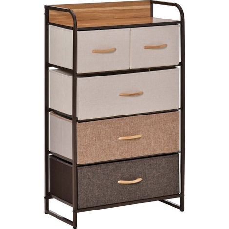 Cassettiera, credenza con 5 cassetti in tessuto pieghevoli, maniglia, mobile contenitore con protezione antiribaltamento per soggiorno, camera da letto, marroneSul posto