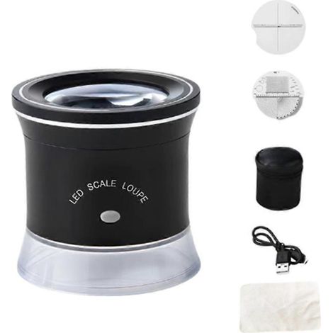 Wiederaufladbare, tragbare Zylinderlupe mit 30-facher Vergrößerung, UV-LED-Lampe und abgewinkelter Abpausplatte zum Durchzeichnen von Konturen. (1/5)