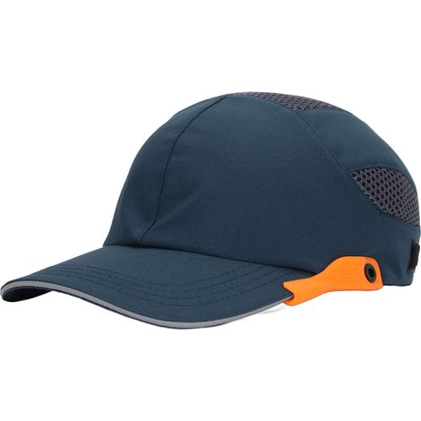 Casquette de sécurité respirante pour sport et travail, bleue avec liseré orange, ajustable, avec visière rigide et bordure, protège-tête léger et ventilé. (1/5)