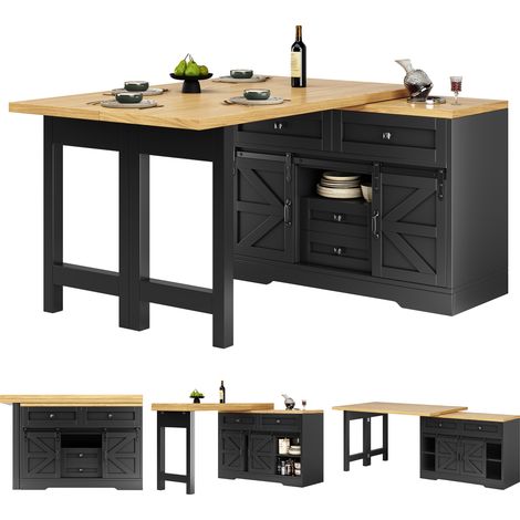Ilot central de cuisine extensible Noir,buffet Cuisine rotation 360° avec Tiroirs,Porte grange,120-197x40x72cm (1/5)