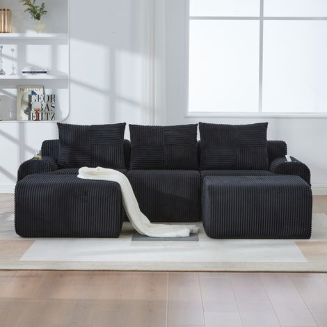 Sofa aus Cord, schwarz, modularer 3-Sitzer mit 2 Hockern, Cupholder, Seitentasche, 268x174x66 cm (1/5)