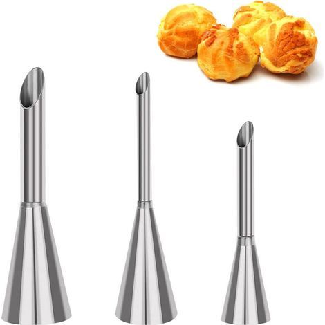 Set mit 3 kleinen Brandteig-Tüllen, professionelle Edelstahl-Fülltüllen, Spritze zum Dekorieren von Windbeuteln (1/4)