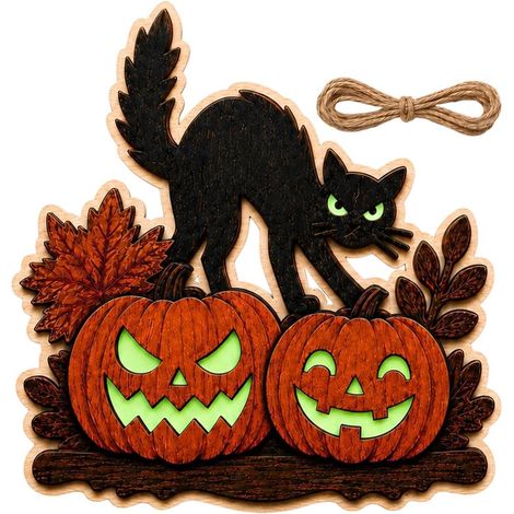 Panneau de porte citrouille d'Halloween, citrouille en bois avec chat noir lumineux effrayant, pour porte d'entrée, porche ou mur (1/5)